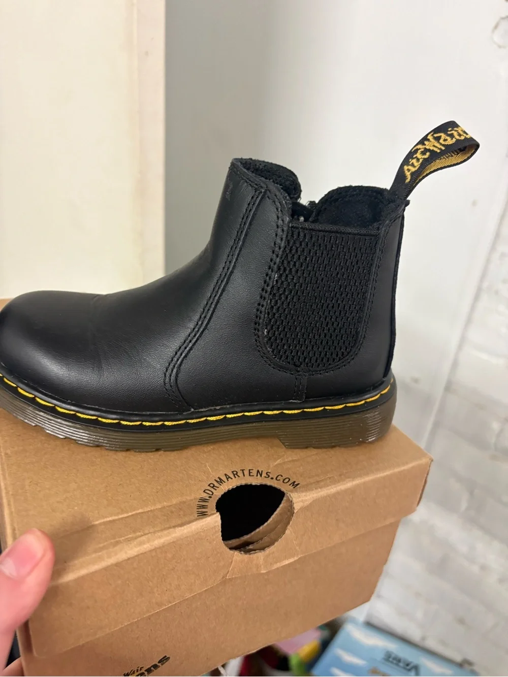 Dr. Martens Kids Black Leather Zip Chelsea Boots with Yellow Stitching